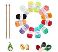 YREYBN 12pcs Knitting Kit, Beginners Adults Children Knitting Set, Dishcloth Knitting Kit - 12 Colours Yarn & 2 Bamboo Knitting Needles, Suitable for Adults Children DIY Weaving Handmade Artworks