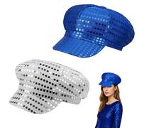 YREYBN 2 Pack Abba Accessories, Retro Disco Hat for Women, Shiny Sequined Caps for Costume Parties, Music Festivals, Nightclub Outfits, Silver and Blue