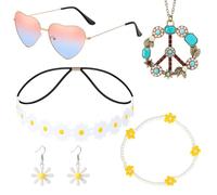 YREYBN Hippie Accessories Set, 5-Piece Women's Retro Costume Jewelry, Vintage 60s 70s Hippie Party Supplies, Flower Crown Headband Sunglasses Necklace Bracelets for Themed Parties Photos