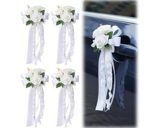 YREYBN Wedding Car Ribbon Decorations, Elegant Car Bow Set for Vehicle Ornaments, White Nuptial Flower Arrangements with Secure Attachment, Four Piece Bridal Auto Accessory Collection