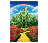 Yriujul 5x7ft Polyester Green Castle Backdrop Yellow Brick Road Rainbow Sky Photography Background Floral Banner Party Decorations Photo Props