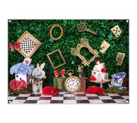 Yriujul 7x5ft Fabric Wonderland Enchanted Tea Party Photography Backdrop Kids Fairy Tale Green Grass Birthday Background Checkerboard Rabbit Photo Tapestry Props