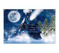 Yriujul Fabric 12x8ft Winter Train Photography Backdrop Christmas Snowy Moon Night Pine Tree Railway Background Kids Adult Party Decorations Photo Banner Props