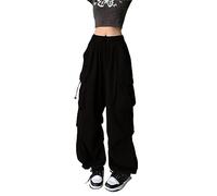 Yrkcah Cargo Pants for Women Baggy Low Waist Drawstring Y2K Parachute Pants Lightweight Quick Dry Relaxed Joggers Sweatpants Black