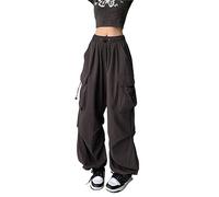Yrkcah Cargo Trousers Women Baggy High Waist Drawstring Cargo Pants Oversize Casual Wide Leg Parachute Trousers Pockets Jogger Sweatpants Harajuku Punk Hipster Gray