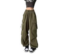 Yrkcah Women Baggy Low Waist Drawstring Cargo Pants Oversize Casual Wide Leg Parachute Trousers Pocket Jogger Sweatpants Army Green