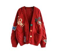 Yrkcah Women Cardigans Knitted Graphic Long Sleeve Jumpers V-Neck Button Sweaters Tops with Pockets Red