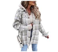 Yrkcah Women’s Winter Jacket Shacket Shirt Casual Oversize Baggy Check Print Coat Top with Pockets Gray