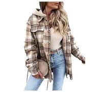 Yrkcah Womens Check Coat Shacket Jacket Fashion Plaid Cardigan Long Sleeve Button Down Warm Shirt Casual Pattern Blouse Outwear with Pocket for Autumn Winter Khaki