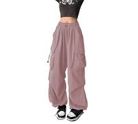 Yrkcah Y2k Parachute Pants Wide Leg Cargo Trousers Women Baggy Girls Cargo Pants Loose Fit Elasticated Waist Streetwear Pink