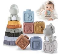 Yrkidstoi Stacking Building Blocks & Rings Toys for Babies 6-12 Months, 14 Pcs Soft Circle Stacker Teether with 2 Dinosaur Figures, Montessori Learning Sensory Toys for Infant Toddler Boys Girls