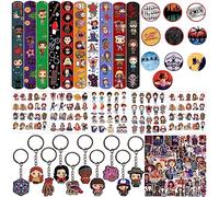 Yrmysrx Stranger Party Gift Set Include 10 Slap Bracelets, 10 Badges, 10 Key Chains, 10 Sheet Temporary Tattoo, 50 Stickers for Birthday Party Supplies Gift Bags Fillers Classroom Rewards