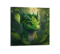 YRNQ Beast Artwork Poster The Little Green Dragon in The Forest Decorative Painting Canvas Wall Artworks Picture 16x16inch(40x40cm)