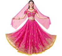 yrsZX Arabian Princess Jasmine Fairy Costume Set Women's Halloween Cospaly Party Dress UP Outfit Belly Dance Dress