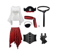 YRTBGD 9 Pcs Pirate Costume Adult Women, Renaissance Medieval Viking Clothing Dress with Pirate Accessories for Halloween Carnival (White, 2XL)