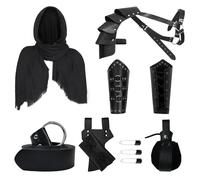 YRTBGD Medieval Knight Costume Accessories Set Includes Medieval Leather Belt Shawl Retro Head Scarf Leather Steampunk Shoulder Armor Arm Guards Belt Pouch Sword Frog for Halloween Cosplay (Black)