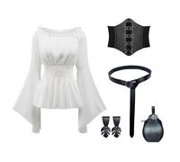 YRTBGD Pirate Costume Adult Women-5 Pcs Renaissance Medieval Viking Blouse with Corset Belt Accessories for Halloween Carnival (White, 2XL)