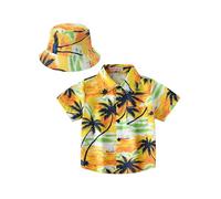 Yruioon Boys Hawaiian Summer Shirts Tropical Print Button Down Short Sleeve Beach Shirts with Sun Hat Set Yellow 11-12 Years