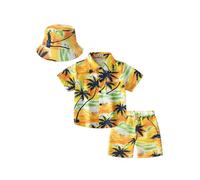 Yruioon Boys Summer Hawaiian Outfits Button Down Shirts and Short Sets with Bucket Hat Set Casual Dailywear Yellow 5-6 Years