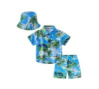 Yruioon Boys Summer Hawaiian Outfits Button Down Shirts and Short Sets with Bucket Hat Set Casual Dailywear Green 13-14 Years