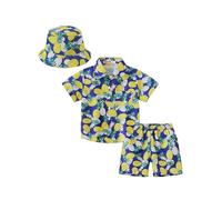 Yruioon Boys Summer Hawaiian Outfits Button Down Shirts and Short Sets with Bucket Hat Set Casual Dailywear Pineapple 13-14 Years