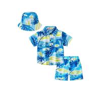 Yruioon Boys Summer Hawaiian Outfits Button Down Shirts and Short Sets with Bucket Hat Set Casual Dailywear Blue 13-14 Years