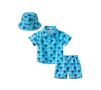 Yruioon Boys Summer Hawaiian Outfits Button Down Shirts and Short Sets with Bucket Hat Set Casual Dailywear Lake 9-10 Years
