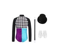 Yruioon Girls 4 Pcs Checkerboard Bow Tie Contrast Color Shiny Sequins Bodysuit with Top Hat Gloves And Magic Wand Set Blue Purple 15-16 Years