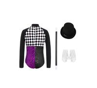 Yruioon Girls 4 Pcs Checkerboard Bow Tie Contrast Color Shiny Sequins Bodysuit with Top Hat Gloves And Magic Wand Set Black Purple 7-8 Years