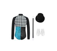 Yruioon Girls 4 Pcs Checkerboard Bow Tie Contrast Color Shiny Sequins Bodysuit with Top Hat Gloves And Magic Wand Set Black Blue 5-6 Years