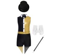 Yruioon Girls 4pcs Circus Costume Turn-down Collar Zip Bodysuit with Hat Gloves Magic Wand for School Carnival Gold 15-16 Years