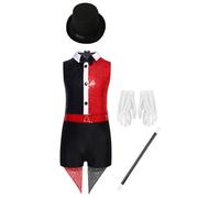Yruioon Girls 4pcs Circus Costume Turn-down Collar Zip Bodysuit with Hat Gloves Magic Wand for School Carnival Red 5-6 Years