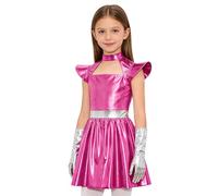 Yruioon Girls Mock Neck Sparkly Metallic Alien Cosplay Costume Hollow Out Alien Outfit with 1 Pair Gloves Rose Red 9-10 Years