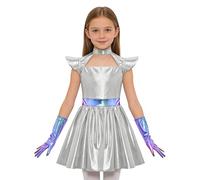 Yruioon Girls Mock Neck Sparkly Metallic Alien Cosplay Costume Hollow Out Alien Outfit with 1 Pair Gloves Silver 5-6 Years