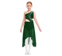 Yruioon Kids Girls Long Lyrical Dance Costume Sparkly Sleeveless One Shoulder Cutout Modern Contemporary Dance Dress Green 15-16 Years