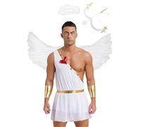 Yruioon Men Angel Devil Costume Halloween Cupid Cosplay Outfits One-Shoulder Leotard Dress with Wings Arrow White XL