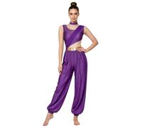 Yruioon Women Role Playing Maid Outfit Metallic Shiny Trim Jumpsuits | Indian Belly Dancing Outfits,One Piece Rave Outfit for Halloween Party,Full Length Dance Unitard,Built-in Briefs,Gem Decor