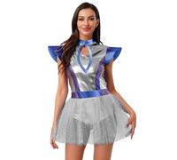 Yruioon Womens Halloween Parties Costume Hollow Out Metallic Shiny Patchwork Built-in Briefs Dress Silver M
