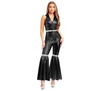 Yruioon Women's Vintage Disco Dance Jumpsuit Shiny Metallic Flared Leg Jumpsuit Rave Dance Outfits Black L