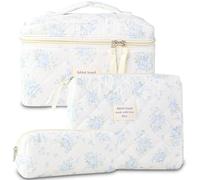 YRWE 3Pcs Quilted Makeup Bag Set, Cute Floral Cotton Cosmetic Bag, Coquette Bow Make up Bag Large Travel Toiletry Bag