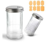 YRYUNRUI Pack of 2 350 ml Sugar Shaker, Glass Sugar Dispenser with Stainless Steel Side Open Lid, Retro Style Clear Durable Sugar Bowl with 1 x Label for Coffee Bar Salt Spices Tea Pepper