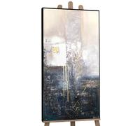 YS-Art Abstract acrylic painting on canvas Fragment Hand-painted wall art vertical in grey color with gold Abstract artwork With Frame 56x28 inch