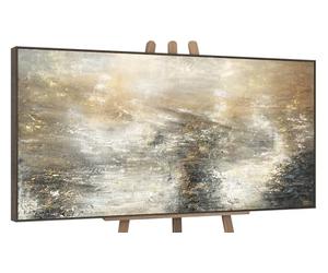 YS-Art Abstract hand painted painting Elemental power Wall art with gold Modern abstraction in black gray and yellow shades With Frame 56x28 inch