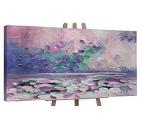 YS-Art Abstract landscape hand painted painting Azure shore Modern textured artwork for living room Wall art in vivid color Home decor 48x24 inch
