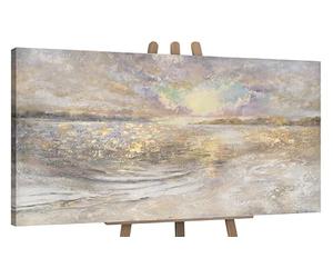 YS-Art Abstract seascape hand painted painting Dawn on the sea Modern artwork with texture gold beige blue color Wall decor 56x28 inch