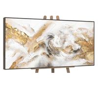 YS-Art Framed abstract painting on canvas Consonance Hand-painted acrylic artwork textured in beige color with gold Wall art Home decor 48x24 inches