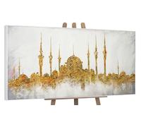 YS-Art Framed acrylic hand painted painting on canvas Mosque Abstract artwork with Islamic architecture Modern art gold white color 40x20 inches