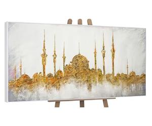 YS-Art Framed acrylic hand painted painting on canvas Mosque Abstract artwork with Islamic architecture Modern art gold white color 56x28 inches