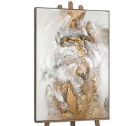YS-Art Framed hand painted acrylic painting on canvas The flow of happiness Textured artwork in grey gold color Wall art Home decor 48x32 inches