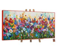 YS-Art Framed hand painted painting with flower Floral colors Abstract artwork motive summer Wall art in colorful shades Home decor 55x28 in